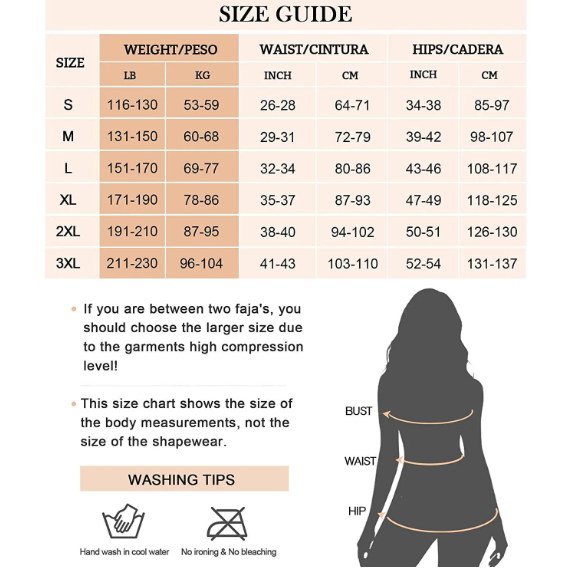 Size chart for Curve Architect BBL Shapewear with weight, waist, and hip measurements.