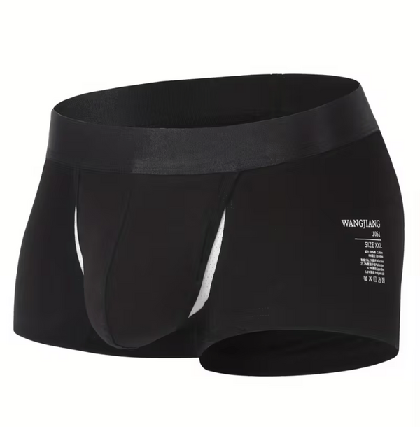 Black men's underwear with brand logo on a white background