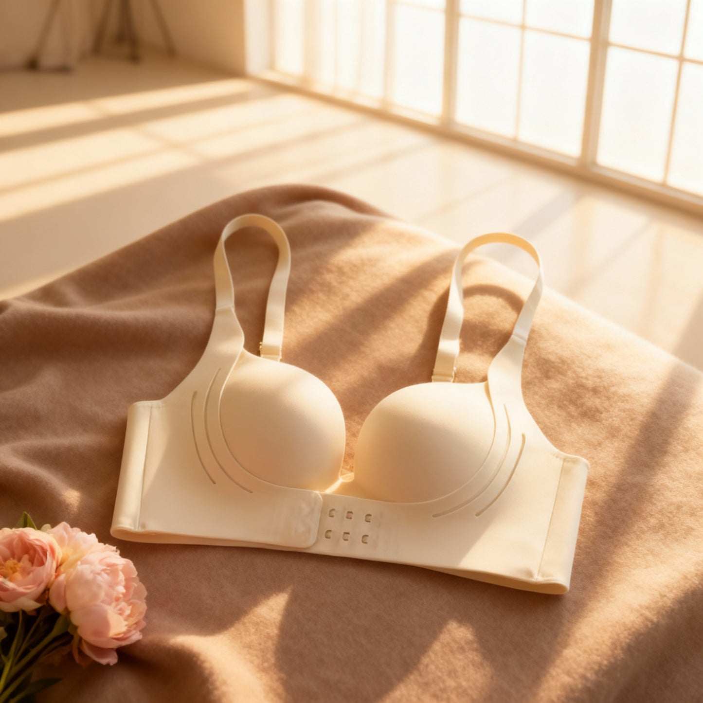 Lifestyle photoshoot of the barely there bra in Ivory color.