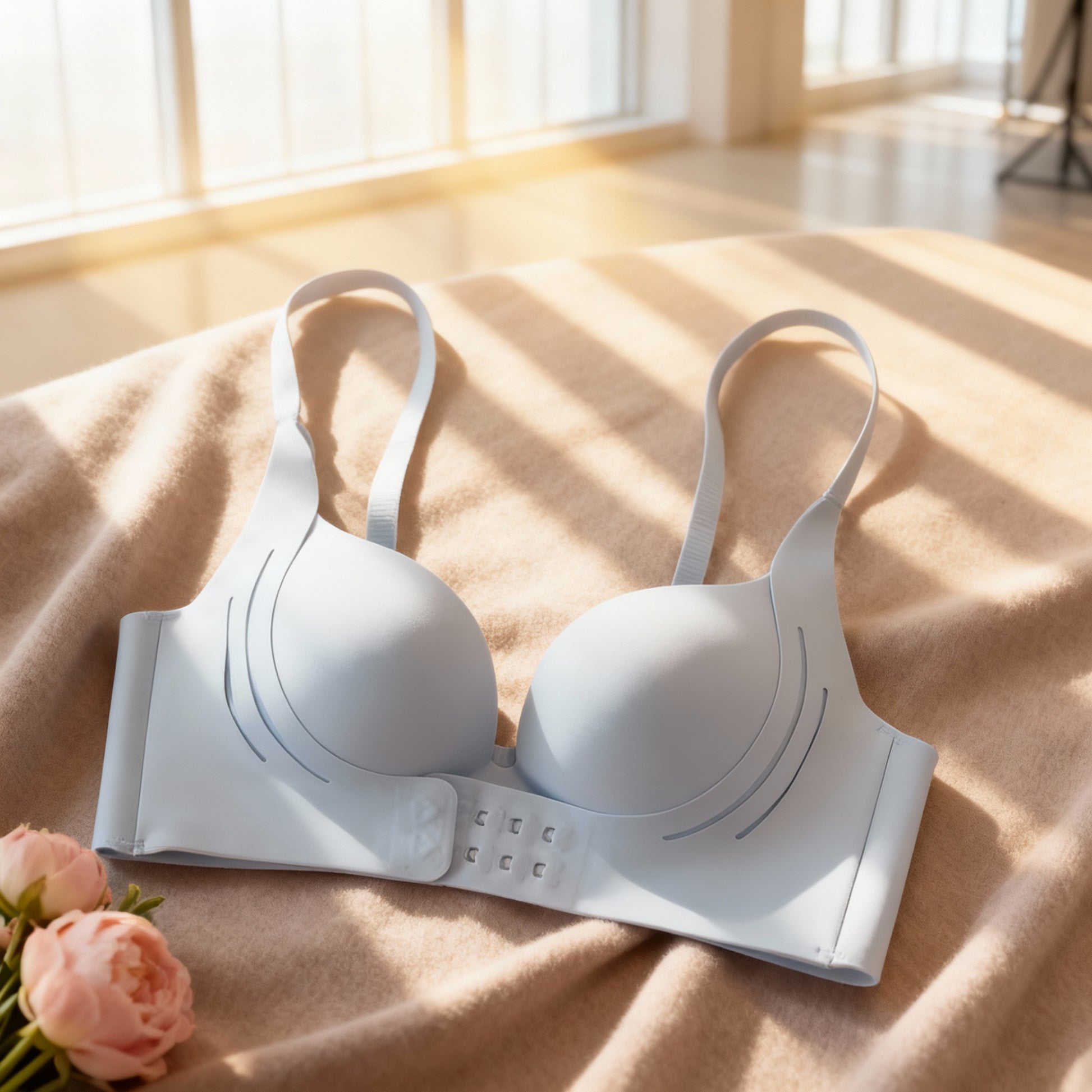 Lifestyle photoshoot of light blue Barely There Bra