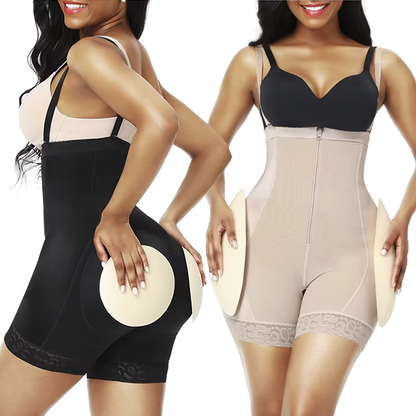 Two women wearing curve architect BBL black and beige shapewear on a white background