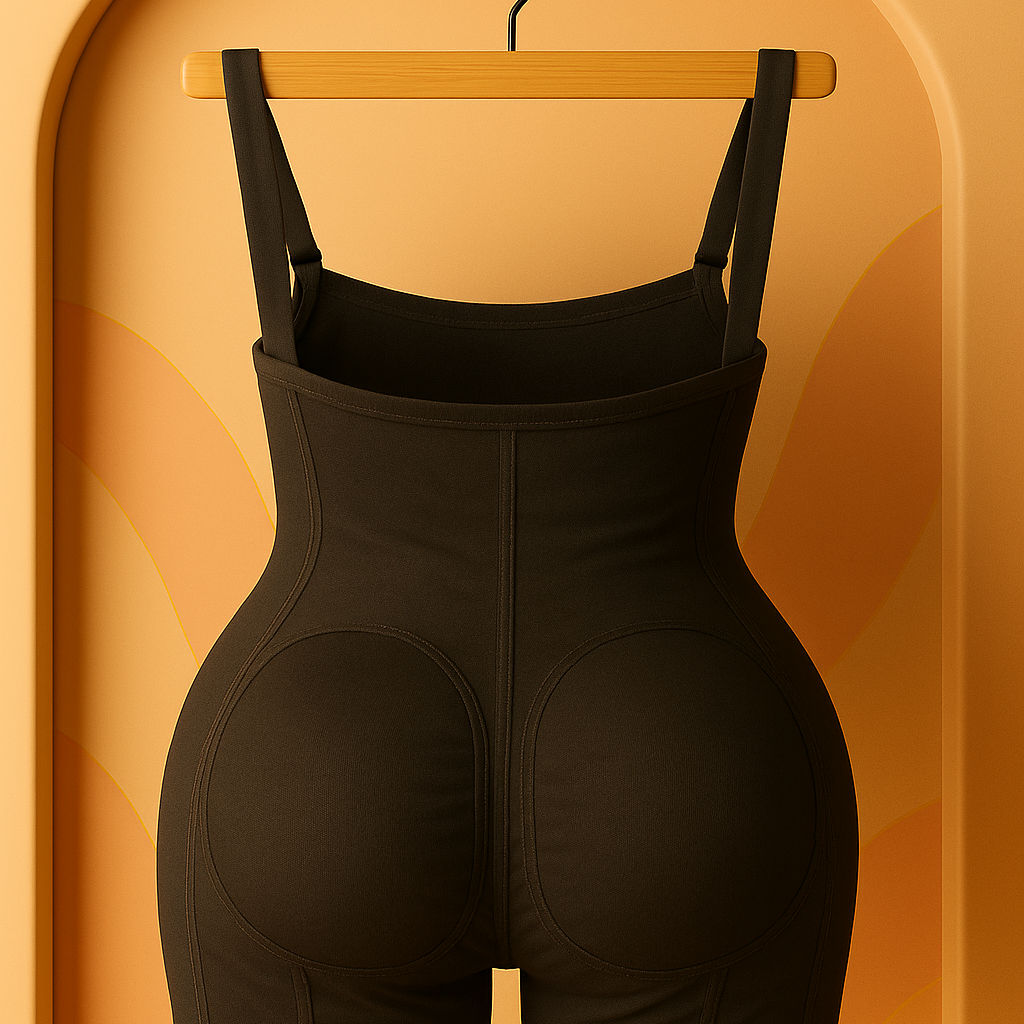 Black Curve Architect shapewear on ghost mannequin form against an orange background