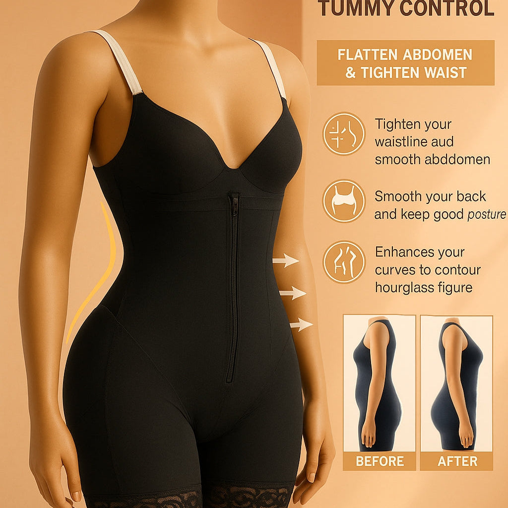 Black Curve Architect BBL Shapewear tummy control on a mannequin with before and after effects on a beige background