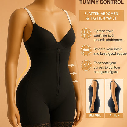 Black Curve Architect BBL Shapewear tummy control on a mannequin with before and after effects on a beige background