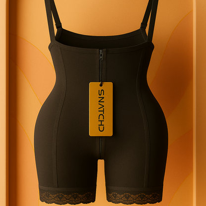 Black Curve Architect shapewear with lace trim on a hanger against an orange background
