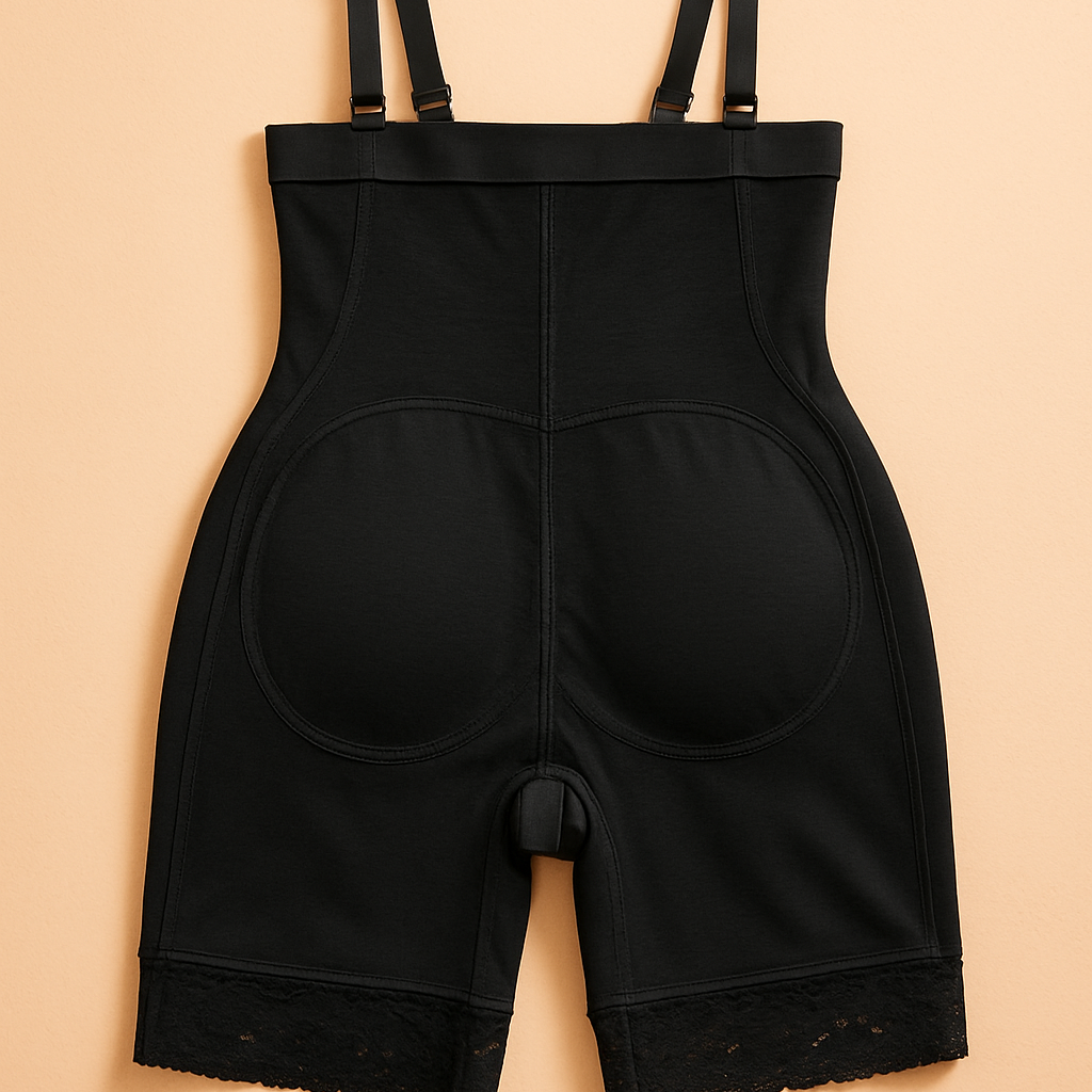 Black curve architect shapewear with suspenders on a beige background