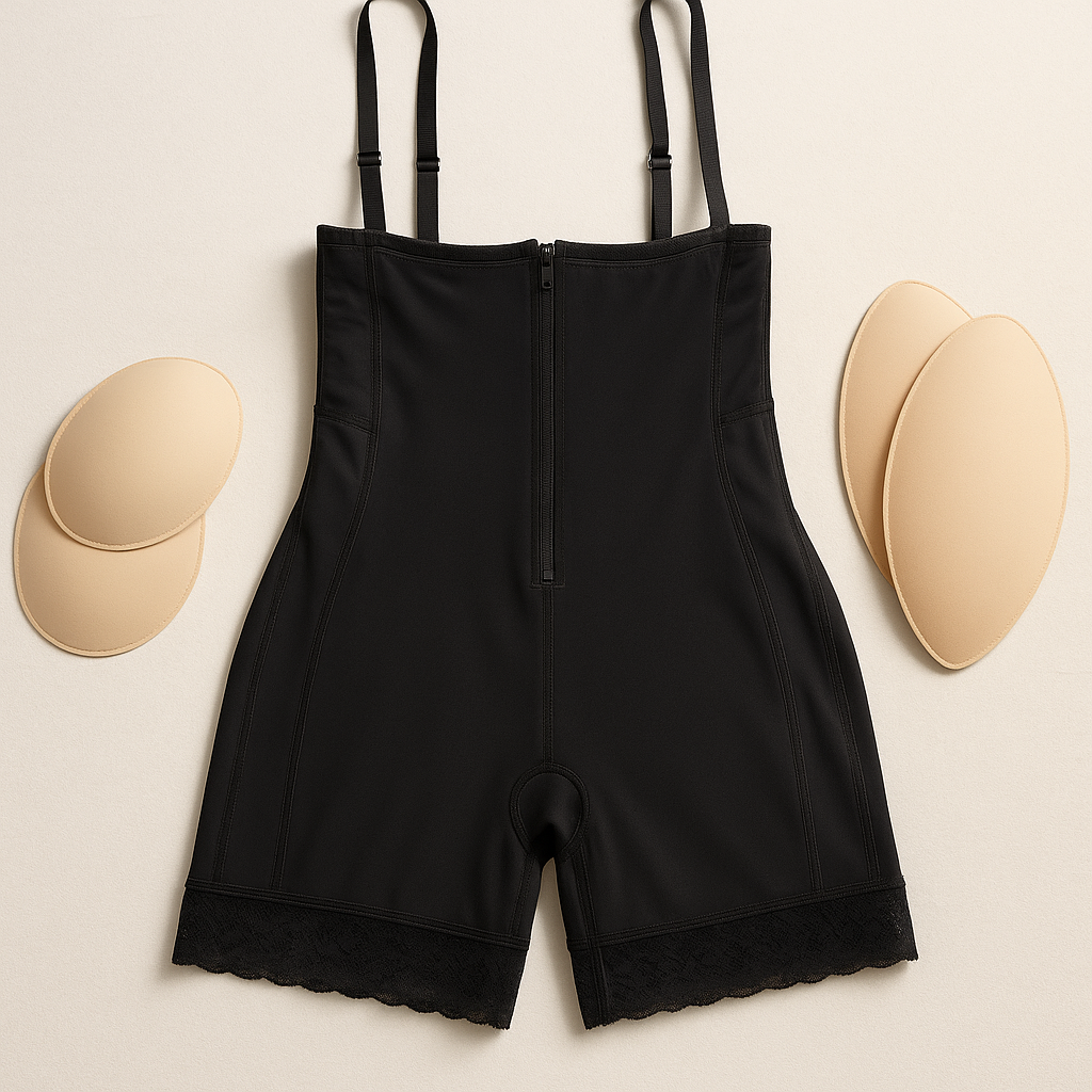 Black Curve Architect with BBL Pads shapewear with suspenders on a white background