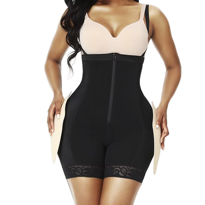 Black curve architect shapewear  bodysuit worn by a model on a white background