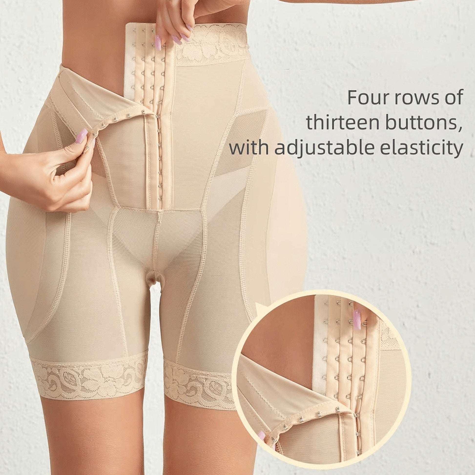 Beige Hip Sculptor shapewear with adjustable elasticity and button details on a light gray background.