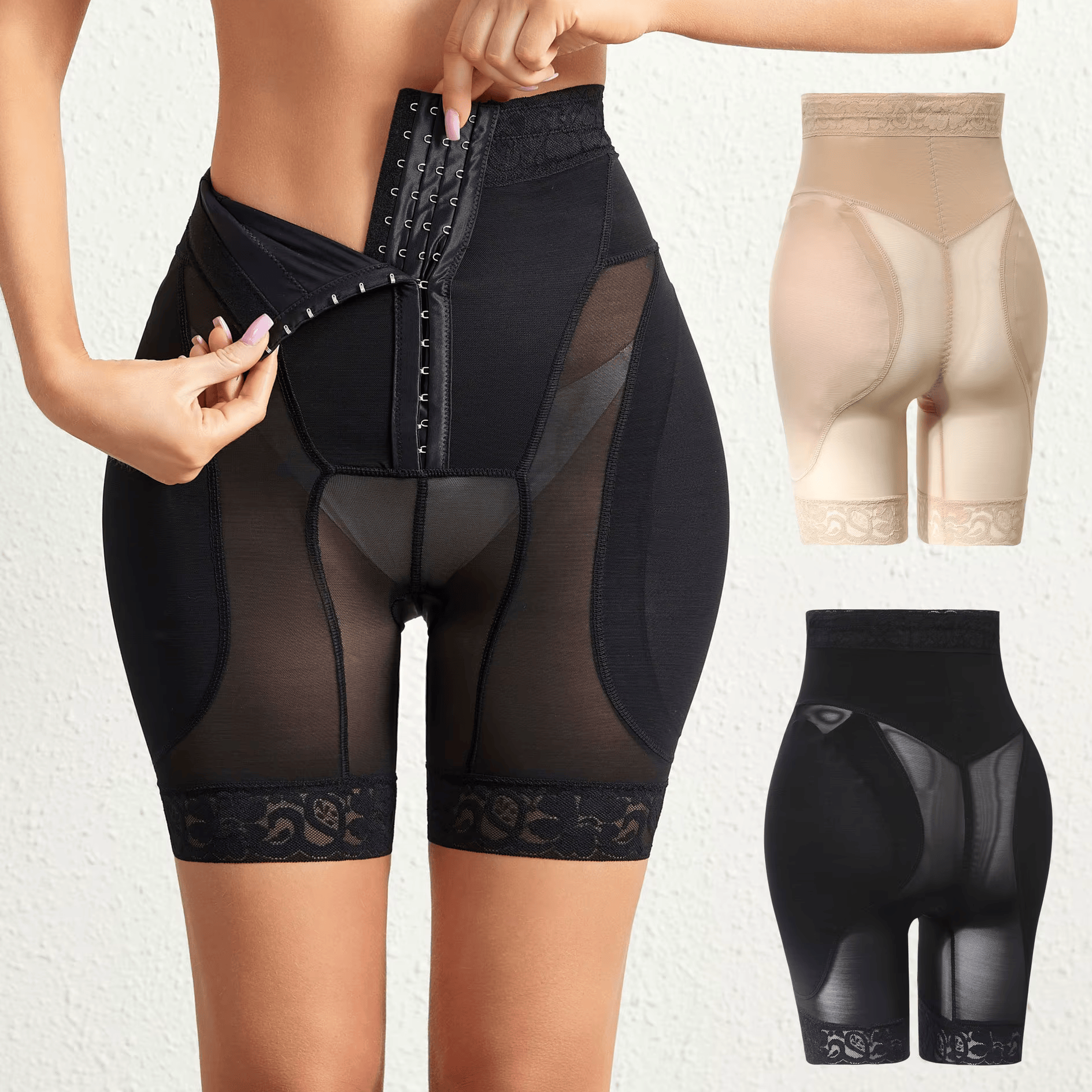 Black Hip Sculptor BBL shapewear shorts with mesh panels and lace details, shown on a model and in inset images.