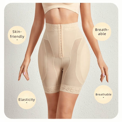 Beige Hip Sculptor shapewear with text highlighting skin-friendly, elastic, and breathable properties on a light gray background.