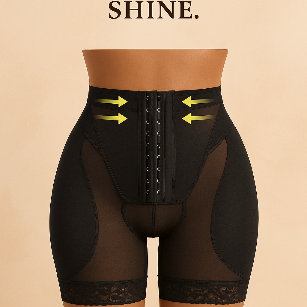 Black Hip Sculptor shapewear with text 'SCULPT. SNATCH. SHINE.' on a beige background