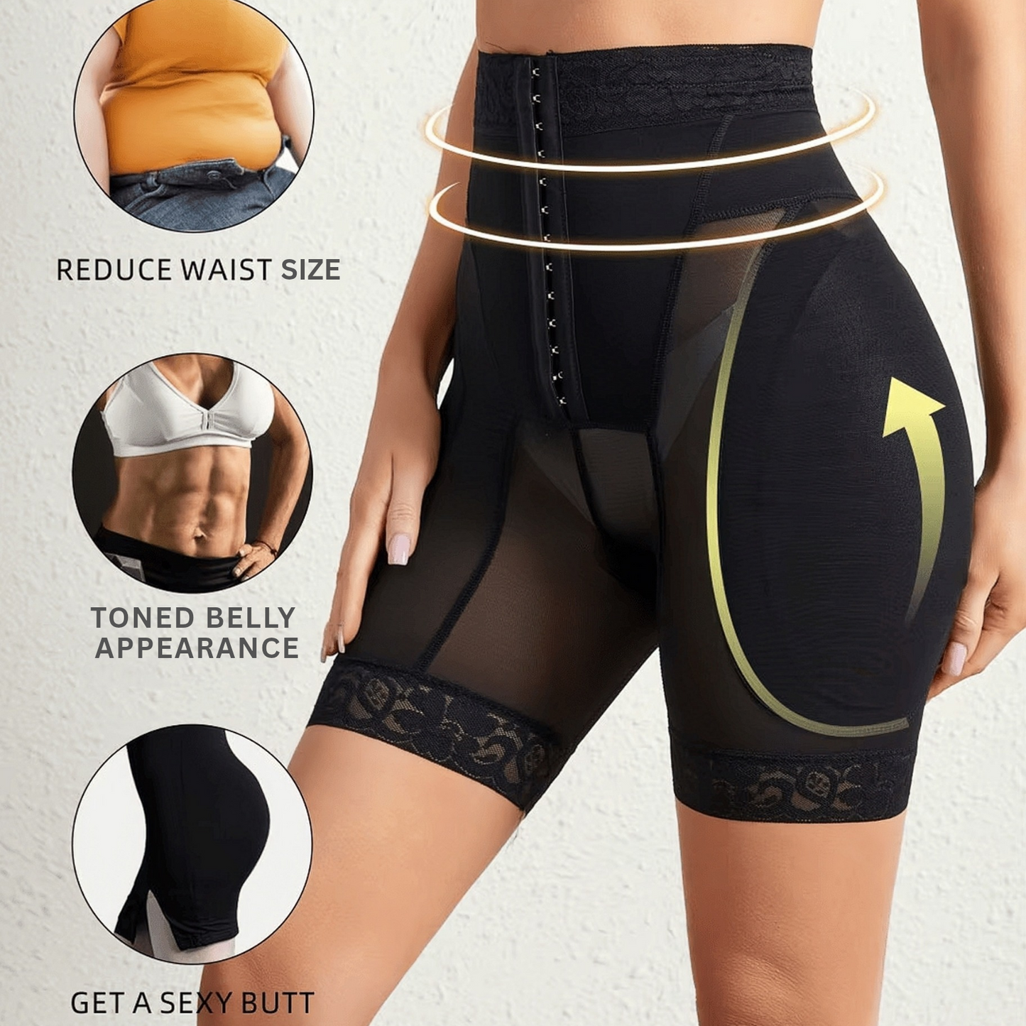 Black Hip Sculptor shapewear with text indicating its effects on waist size, belly appearance, and butt shape.