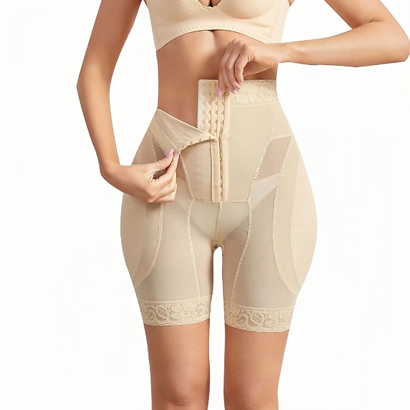 Beige Hip Sculptor shapewear being worn by a model on a white background