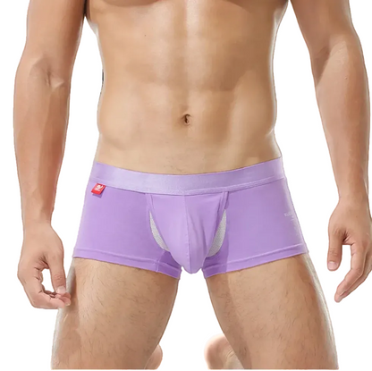 Person wearing purple boxer briefs on a white background