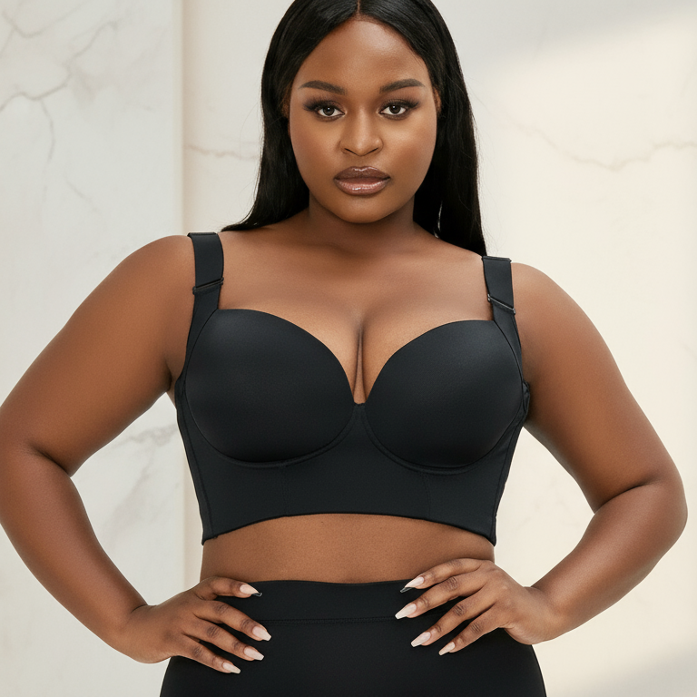 Woman wearing a black Seamless Lift Plus-Size Bra against a neutral background