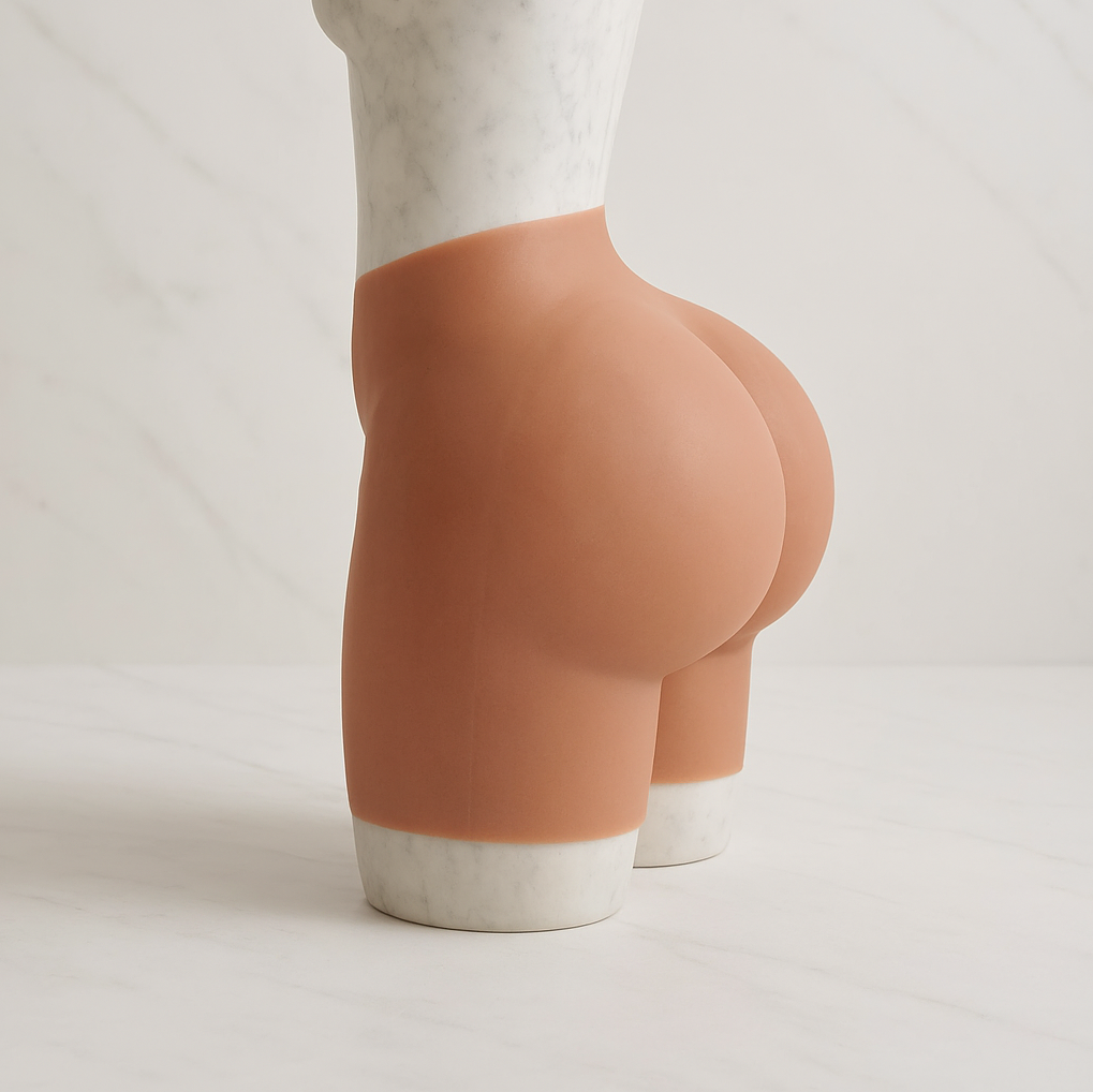 Model form wearing secret curve silicone shorts in a side-profile view