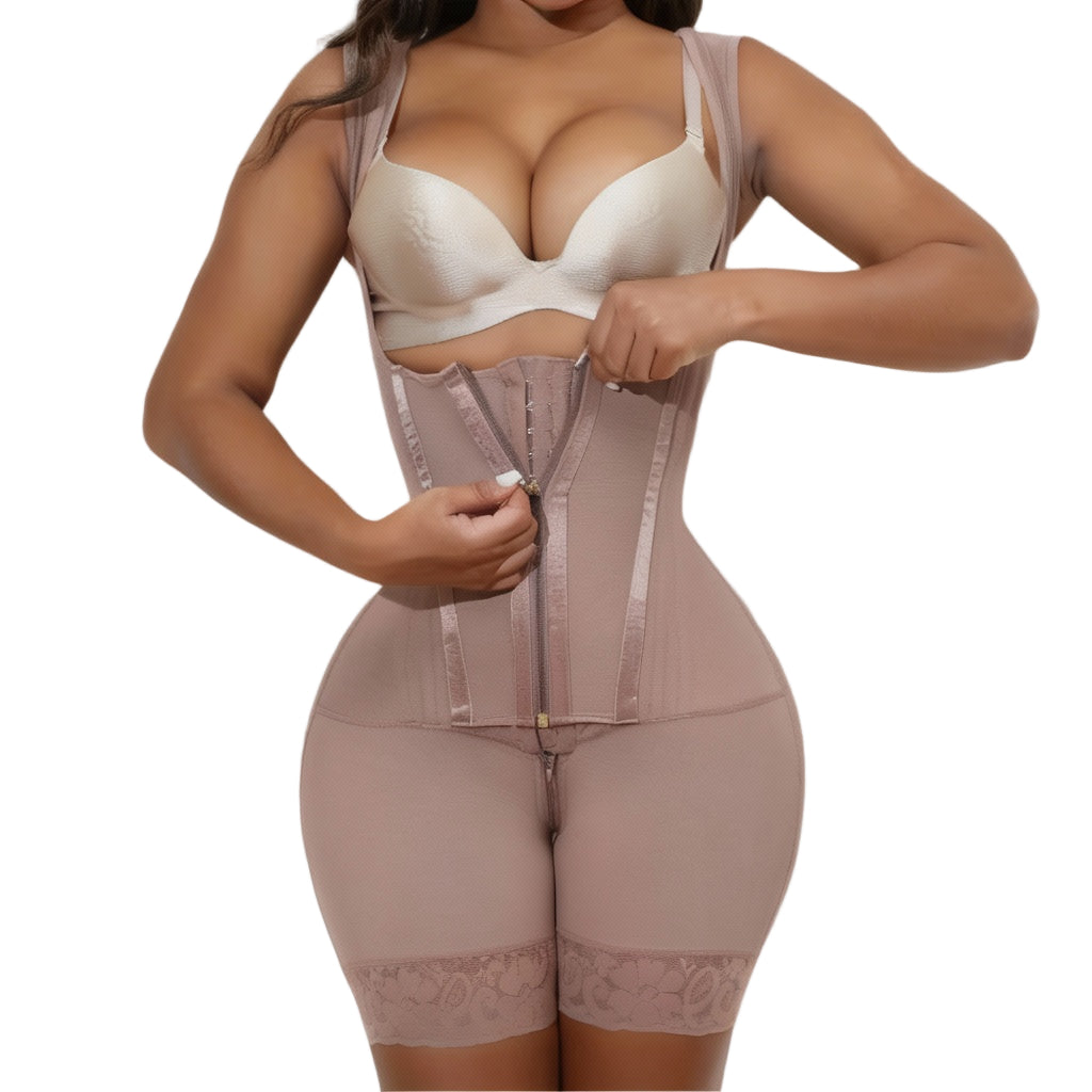 Woman wearing a beige silhouette sculptor shapewear garment against a neutral background